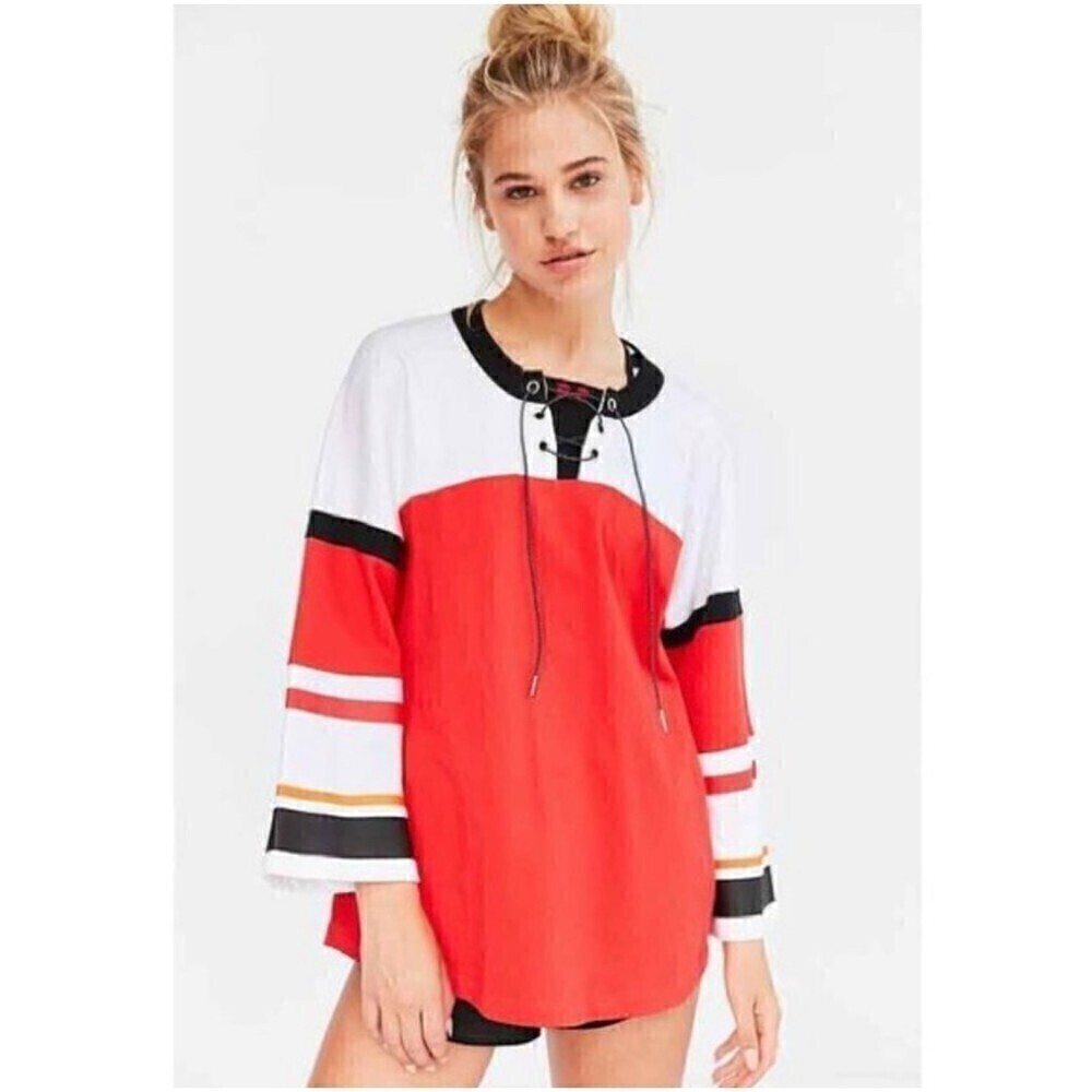 P.E. Nation Oversized Hockey Jersey 3/4 Sleeve Orange White Size Medium